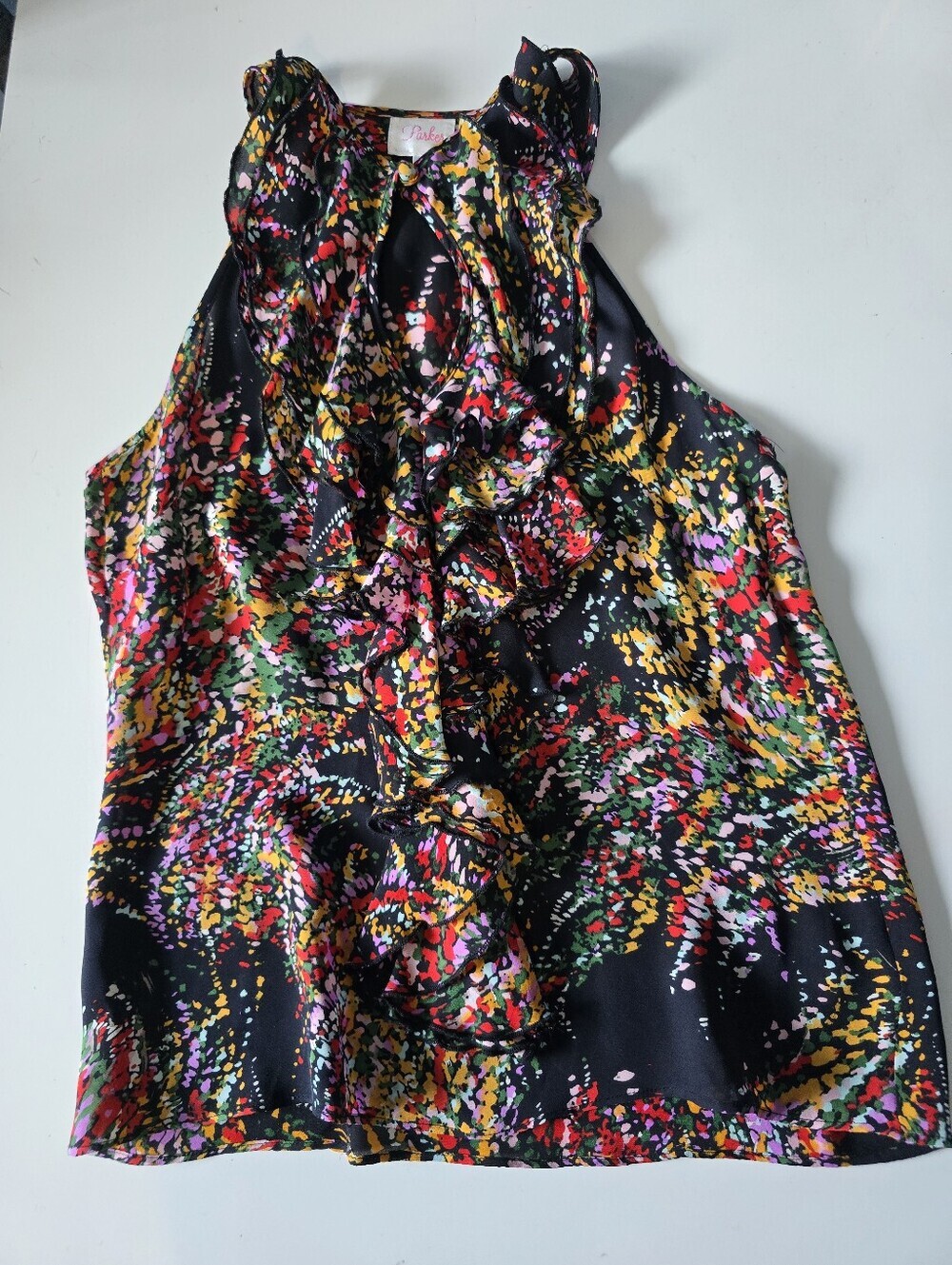 Parker Silk Keyhole Ruffled Floral Print Blouse XS